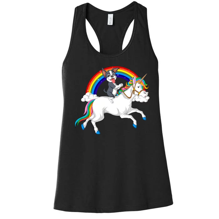 Boston Terrier Riding Unicorn Women's Racerback Tank