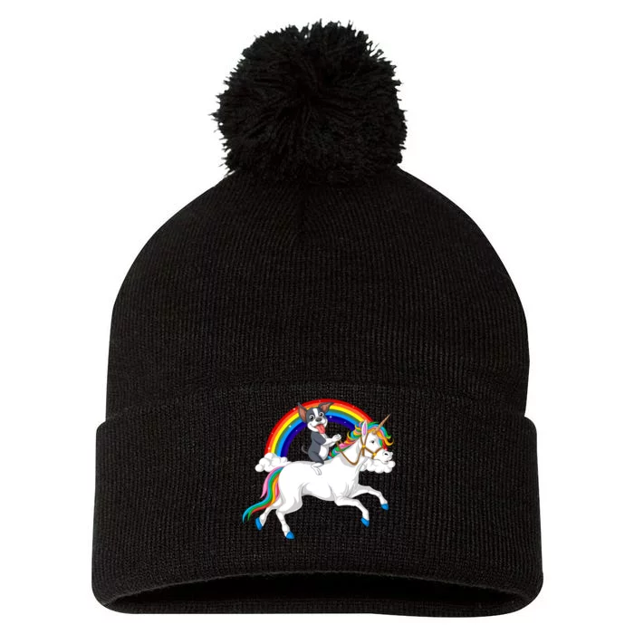 Boston Terrier Riding Unicorn Pom Pom 12in Knit Beanie