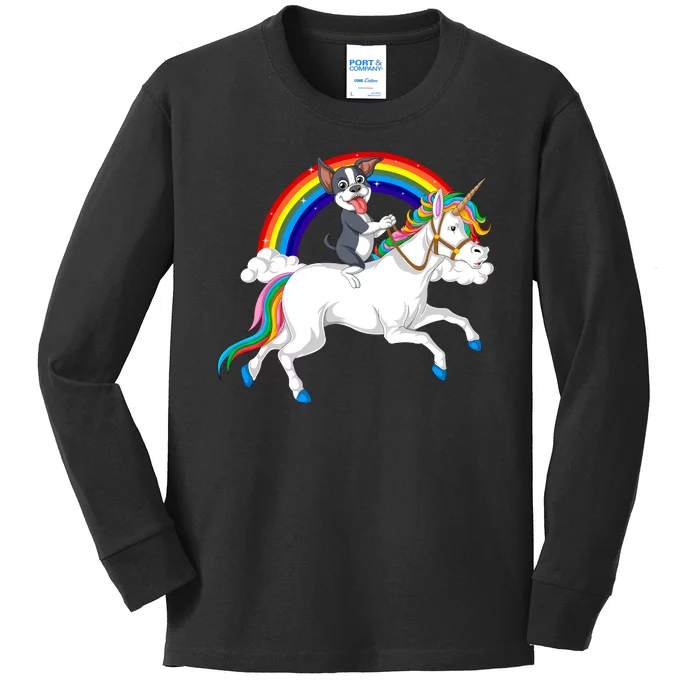 Boston Terrier Riding Unicorn Kids Long Sleeve Shirt