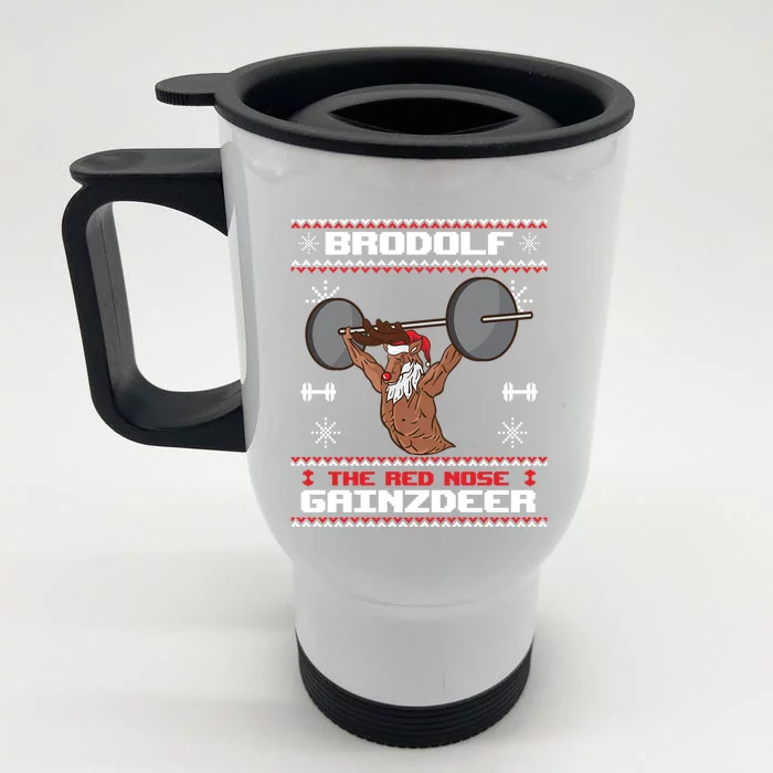 Brodolf The Red Nose Gainzdeer Gym Ugly Christmas Sweater Gift Front & Back Stainless Steel Travel Mug