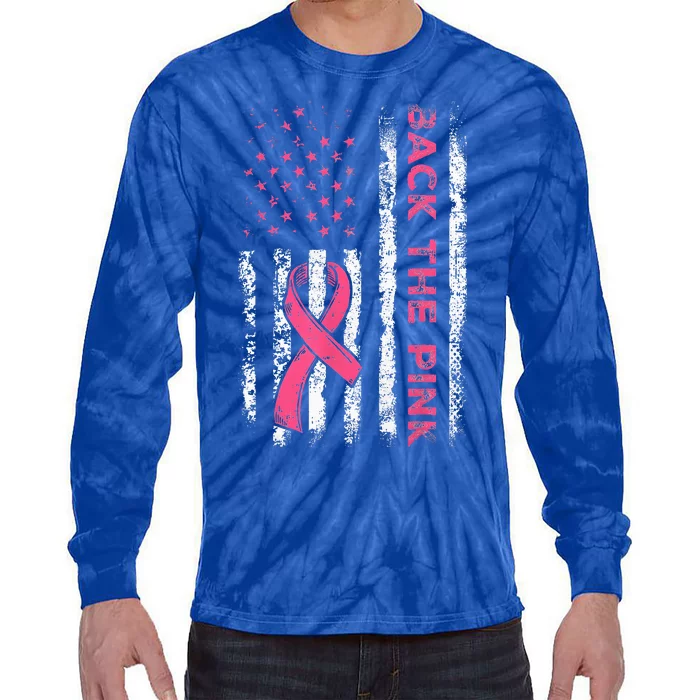 Back The Ribbon American Flag Breast Cancer Awareness Tie-Dye Long Sleeve Shirt