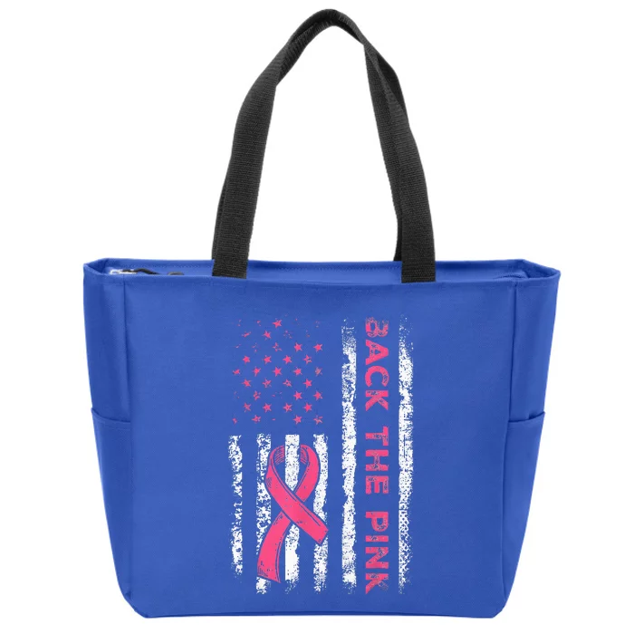 Back The Ribbon American Flag Breast Cancer Awareness Zip Tote Bag