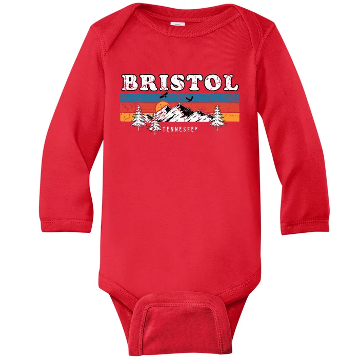 Bristol Tennessee Retro 80s Stripes Mountains Sunset Baby Long Sleeve Bodysuit