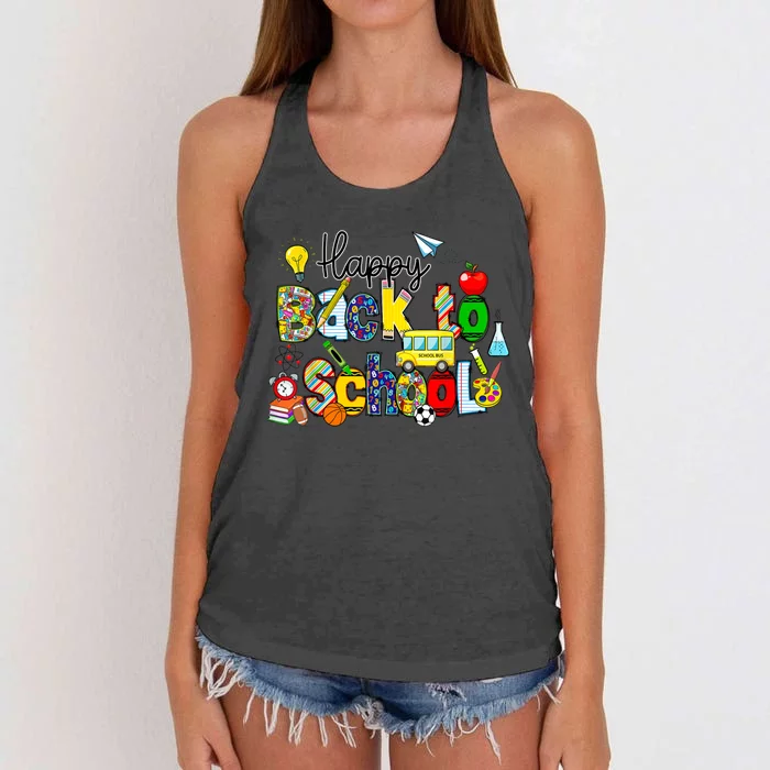 Back To School Happy First Day Of School Teachers Students Women's Knotted Racerback Tank