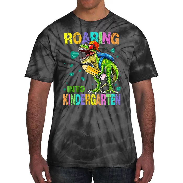 Back to School Dinosaur TRex Roaring Into Kindergarten Tie-Dye T-Shirt