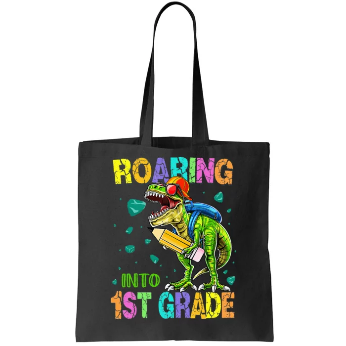 Back to School Dinosaur T Rex Roaring Into 1st Grade Tote Bag