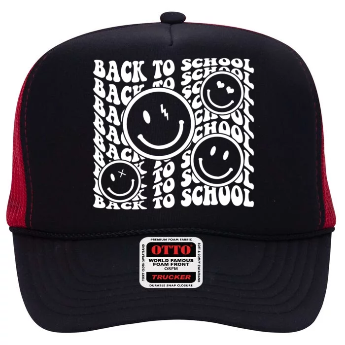 Back To School Retro Smile Face High Crown Mesh Trucker Hat