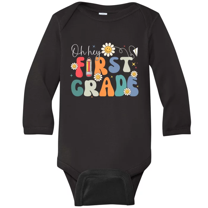 Back To School Oh Hey First Grade Retro Teacher Student Kids Baby Long Sleeve Bodysuit