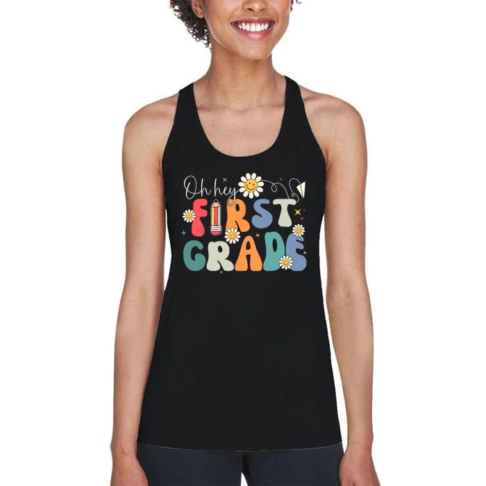 Back To School Oh Hey First Grade Retro Teacher Student Kids Women's Racerback Tank