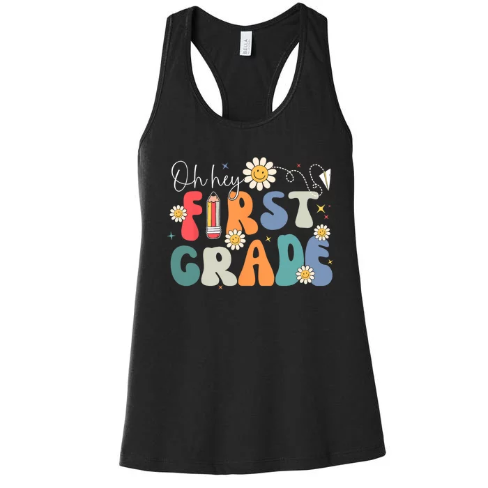 Back To School Oh Hey First Grade Retro Teacher Student Kids Women's Racerback Tank