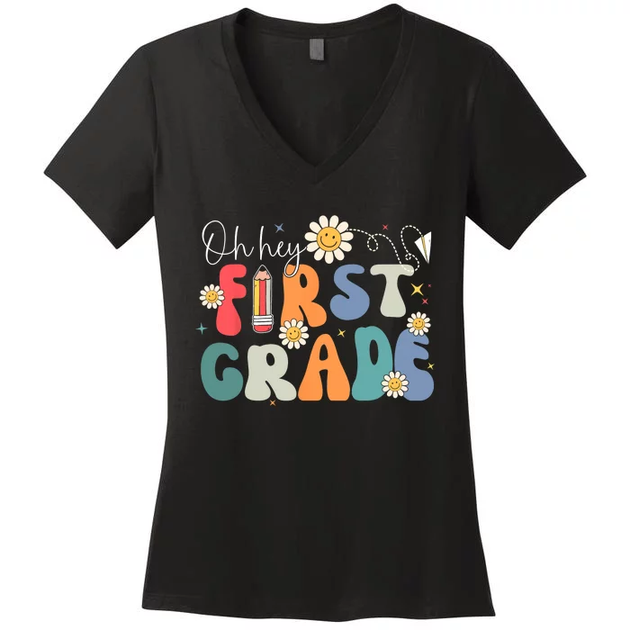 Back To School Oh Hey First Grade Retro Teacher Student Kids Women's V-Neck T-Shirt