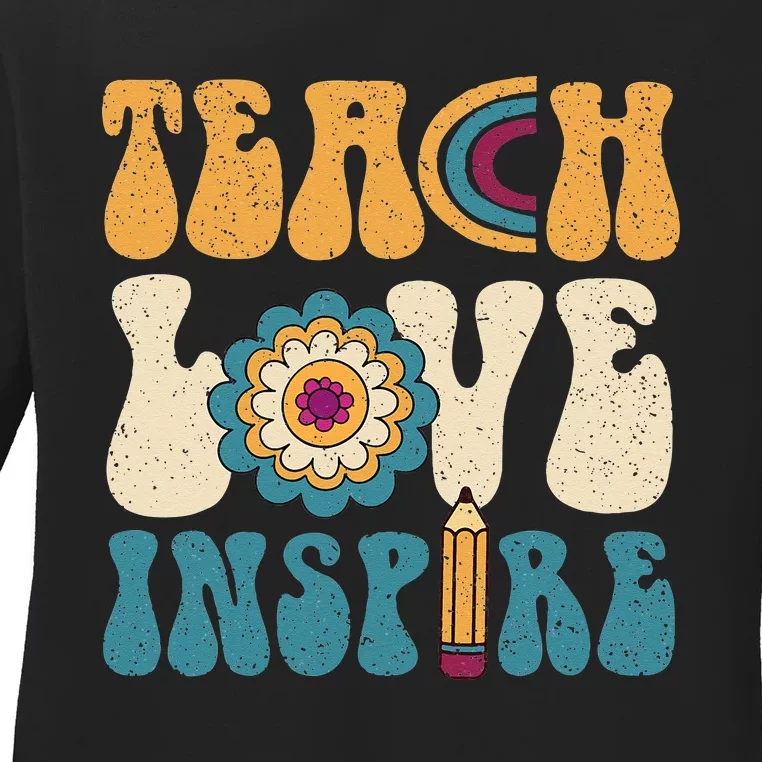 Back To School Teach Love Inspire Retro Teachers Ladies Long Sleeve Shirt