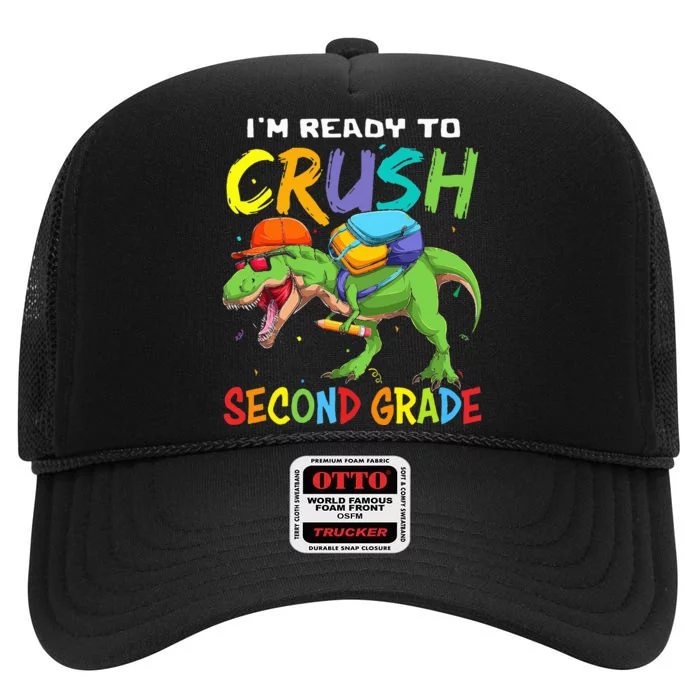 Back To School I'm Ready To Crush Second Grade Dinosaur High Crown Mesh Trucker Hat