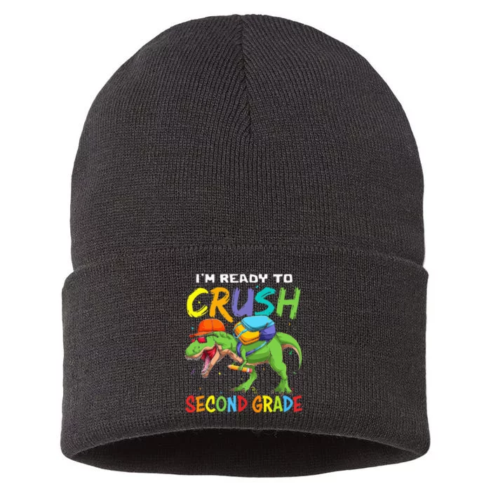 Back To School I'm Ready To Crush Second Grade Dinosaur Sustainable Knit Beanie