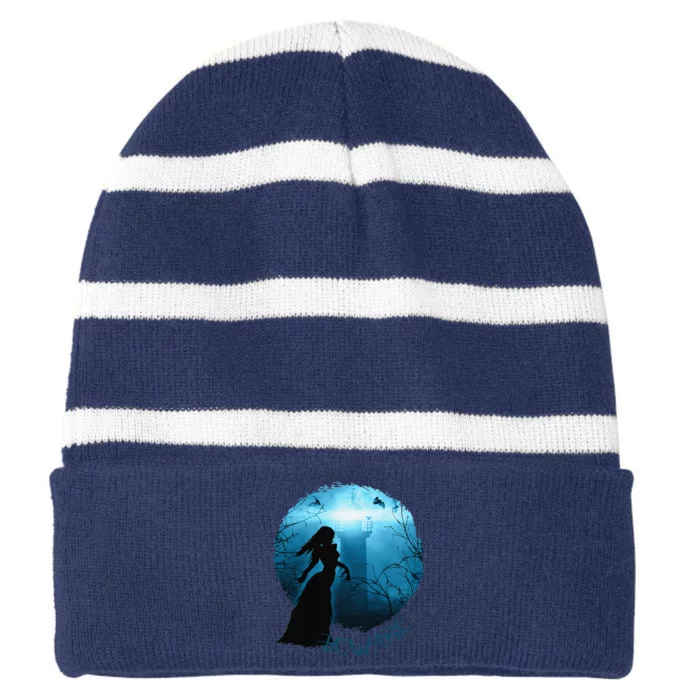 Beware The Scary Witch Spooky Lighthouse Halloween Striped Beanie with Solid Band