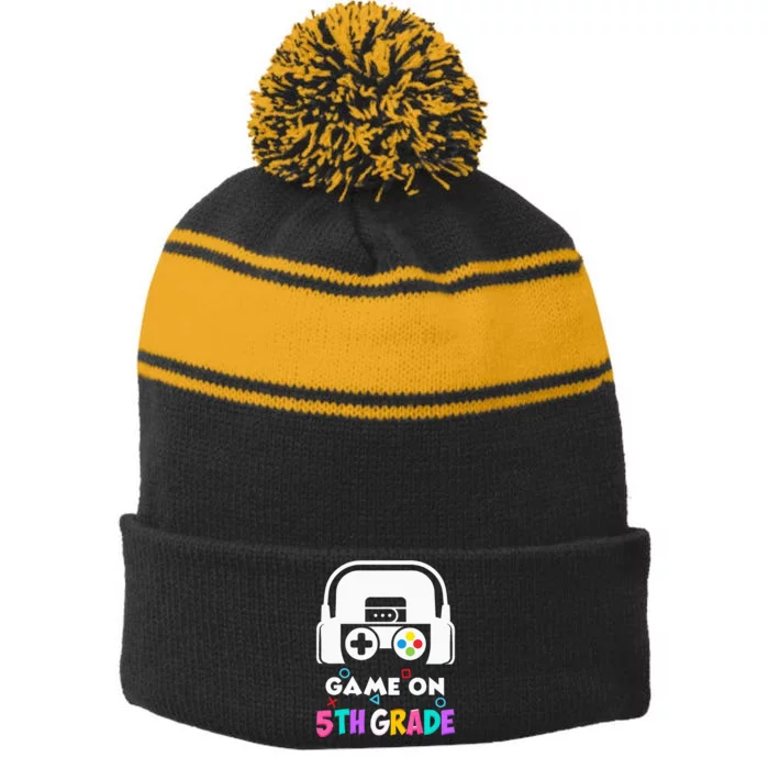 Back To School Game On 5th Grade Funny Gamer Kids Stripe Pom Pom Beanie