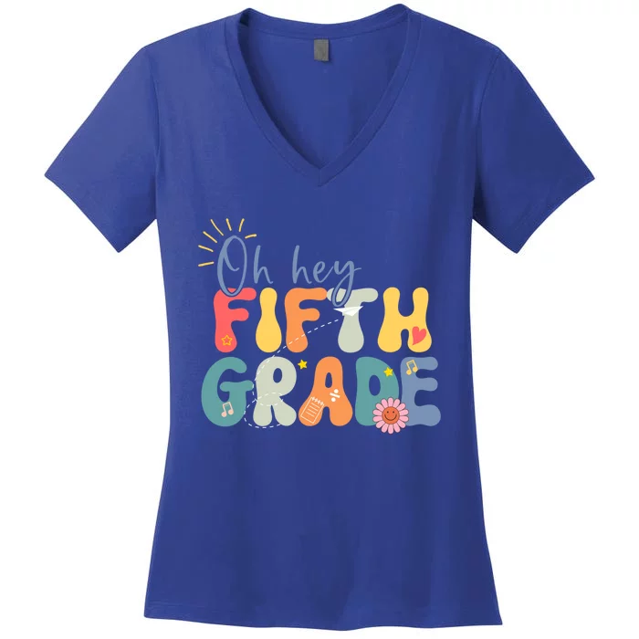 Back To School Fifth Grade Vibes Retro Hello 5Th Grade Gift Women's V-Neck T-Shirt