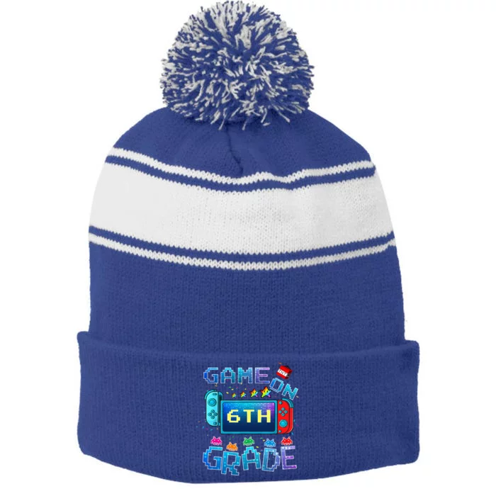 Back To School Game On 6th Grade Funny Gamer Stripe Pom Pom Beanie