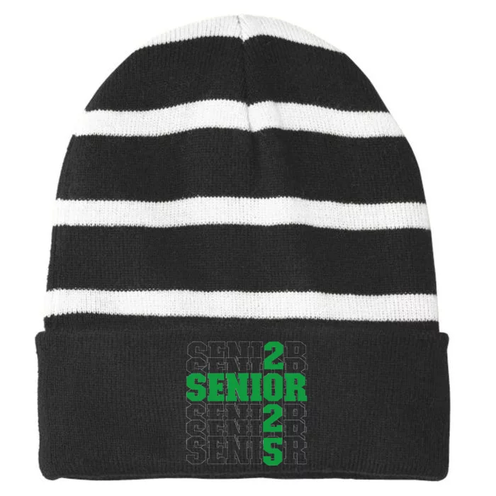 Back To School Officially A Senior Green Senior 2025 Striped Beanie with Solid Band