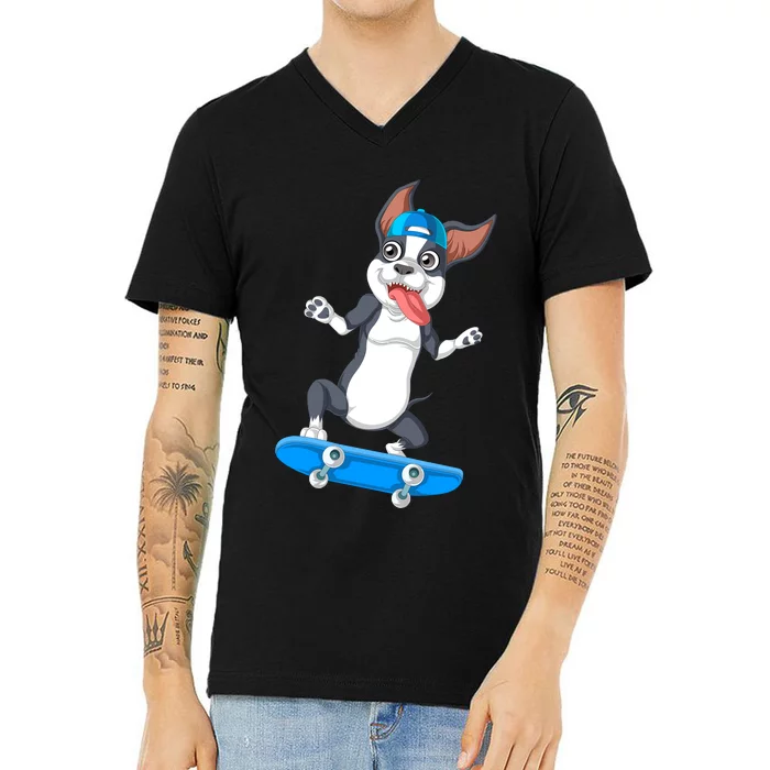 Boston Terrier Skateboarding V-Neck T-Shirt