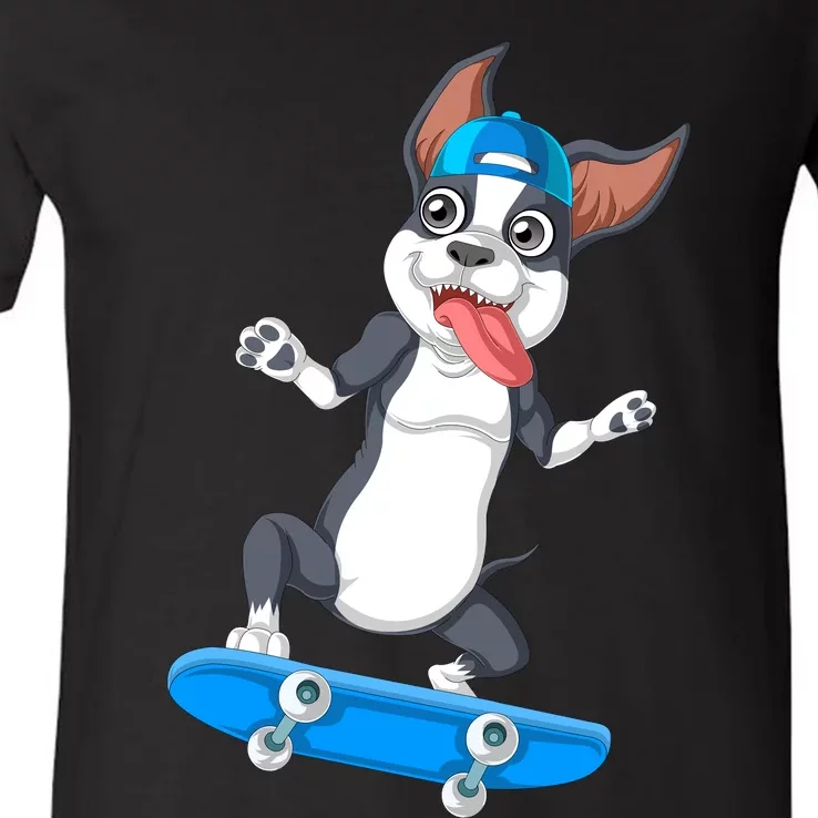 Boston Terrier Skateboarding V-Neck T-Shirt