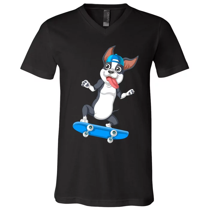 Boston Terrier Skateboarding V-Neck T-Shirt