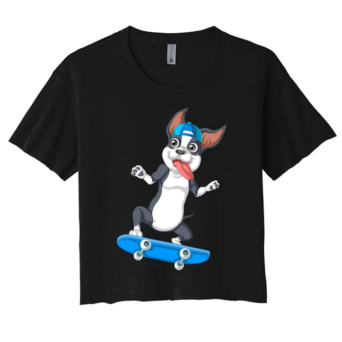 Boston Terrier Skateboarding Women's Crop Top Tee