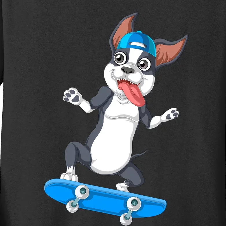 Boston Terrier Skateboarding Kids Long Sleeve Shirt