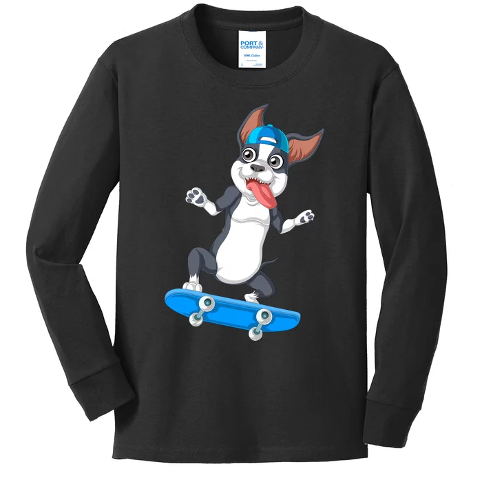 Boston Terrier Skateboarding Kids Long Sleeve Shirt