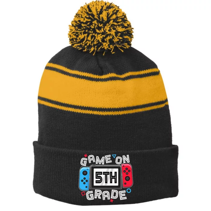 Back To School Game On 5th Grade Funny Gamer Stripe Pom Pom Beanie