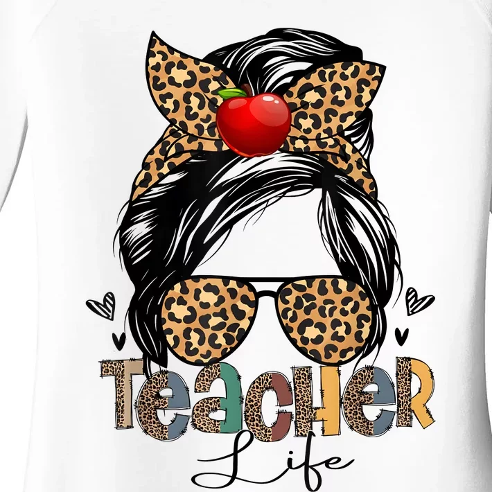 Back To School Teacher Life Messy Bun Leopard Teacher Women Women's Perfect Tri Tunic Long Sleeve Shirt