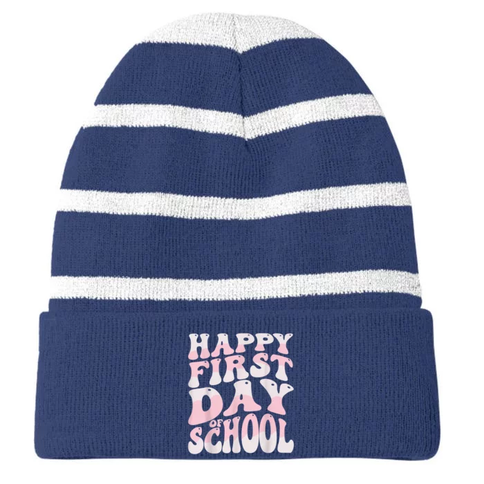 Back To School Happy First Day Of School Teacher Student Striped Beanie with Solid Band