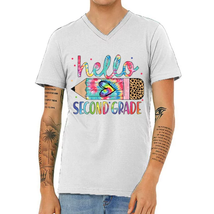 Back To School Hello Second 2nd Grade Leopard Tie Dye Pencil V-Neck T-Shirt