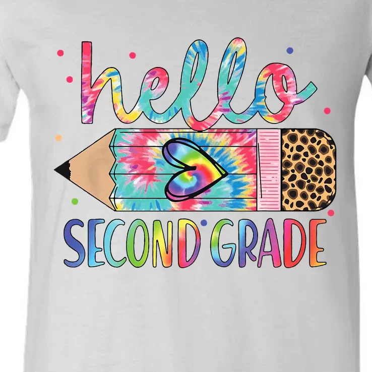 Back To School Hello Second 2nd Grade Leopard Tie Dye Pencil V-Neck T-Shirt