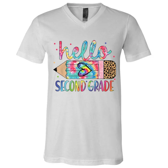 Back To School Hello Second 2nd Grade Leopard Tie Dye Pencil V-Neck T-Shirt