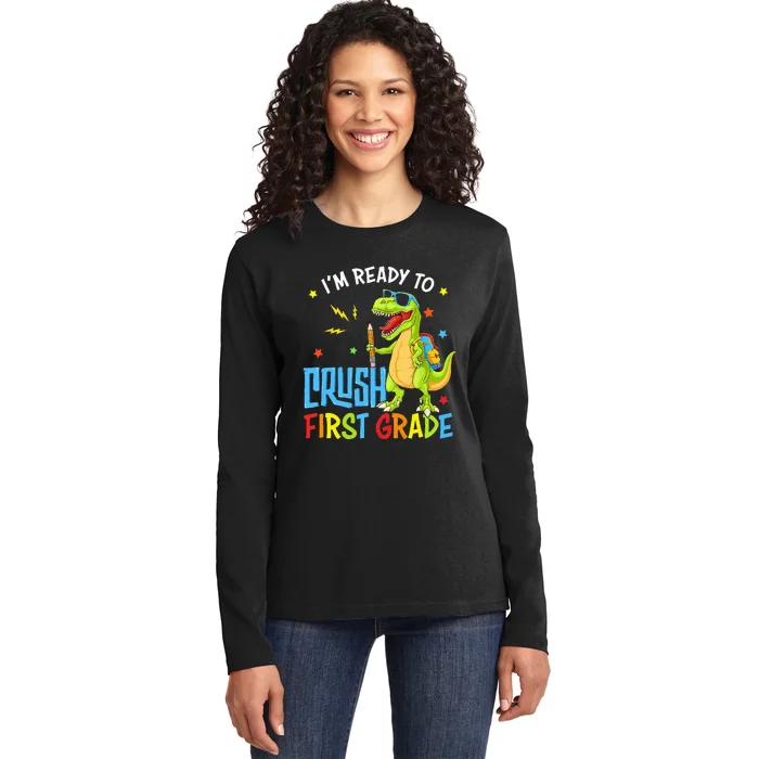 Back To School I'm Ready To Crush First Grade Dinosaur Ladies Long Sleeve Shirt