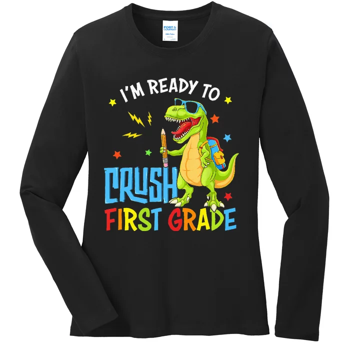 Back To School I'm Ready To Crush First Grade Dinosaur Ladies Long Sleeve Shirt