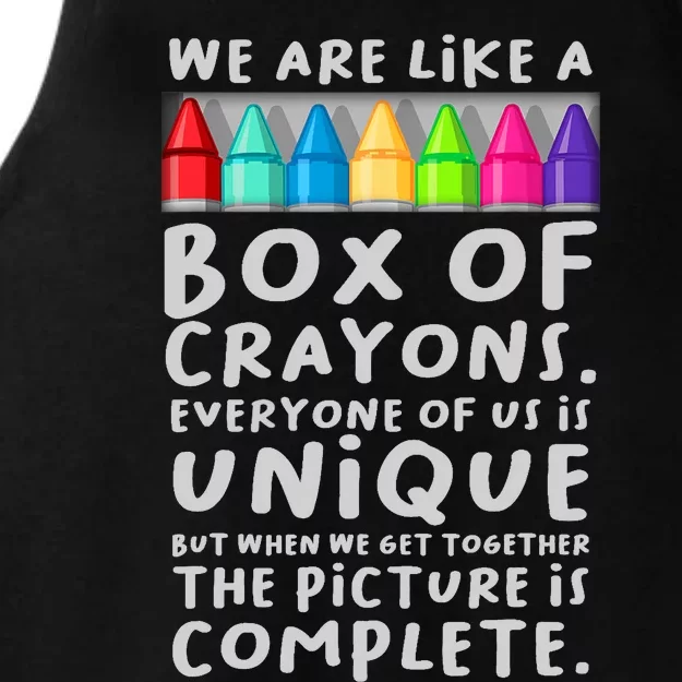 Back To School Teacher We Are Like A Box Of Crayons Ladies Tri-Blend Wicking Tank