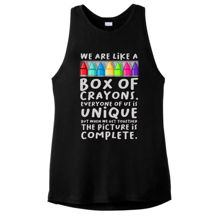 Back To School Teacher We Are Like A Box Of Crayons Ladies Tri-Blend Wicking Tank