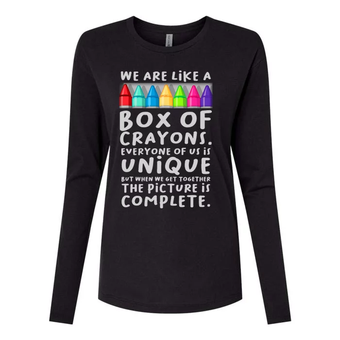 Back To School Teacher We Are Like A Box Of Crayons Womens Cotton Relaxed Long Sleeve T-Shirt