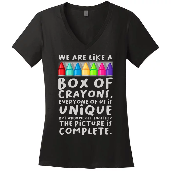 Back To School Teacher We Are Like A Box Of Crayons Women's V-Neck T-Shirt