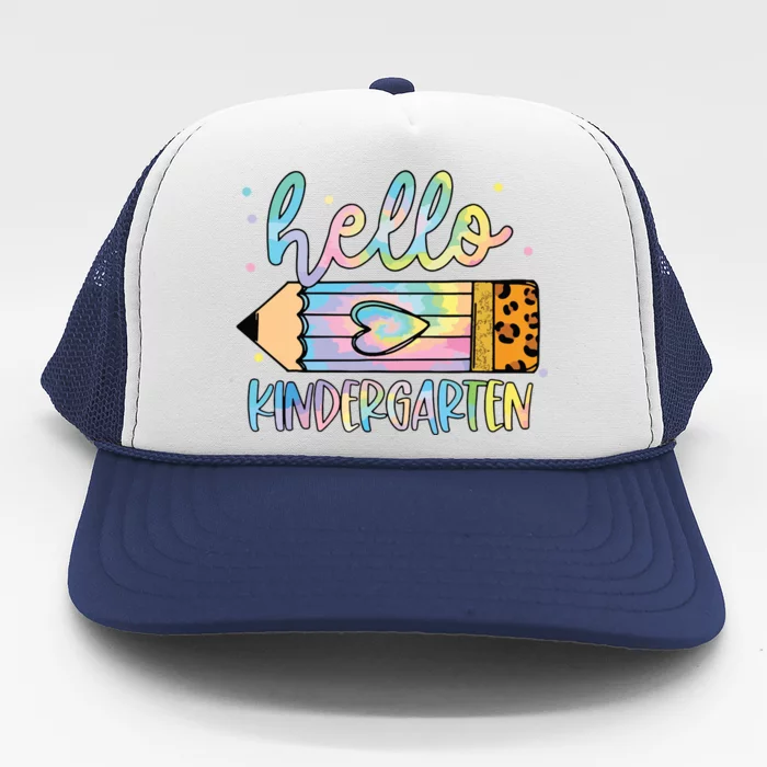 Back To School Hello Kindergarten Leopard Tie Dye Pencil Trucker Hat