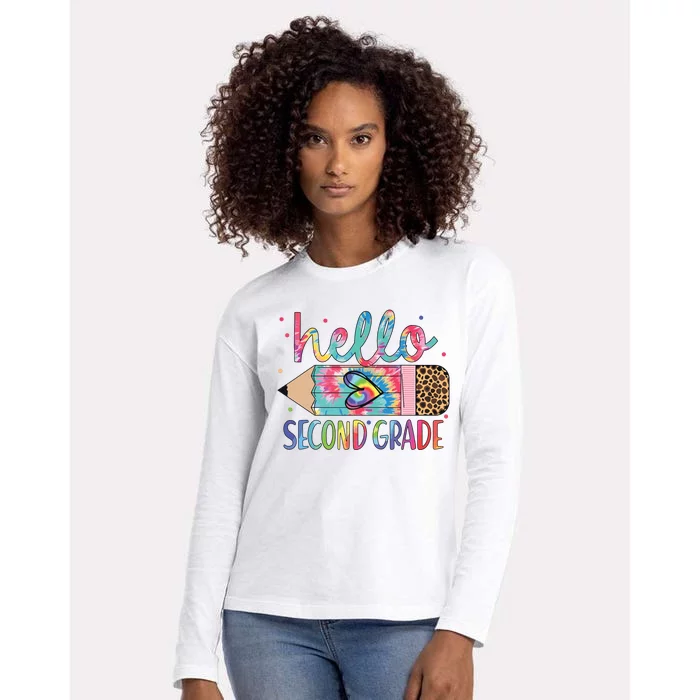 Back To School Hello Second 2nd Grade Leopard Tie Dye Pencil Womens Cotton Relaxed Long Sleeve T-Shirt