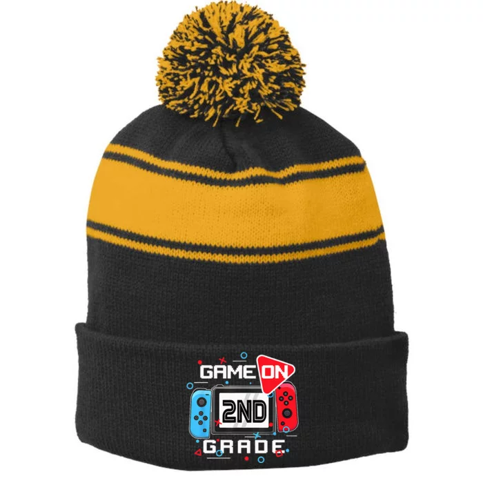 Back To School Game On 2nd Grade Funny Gamer Stripe Pom Pom Beanie