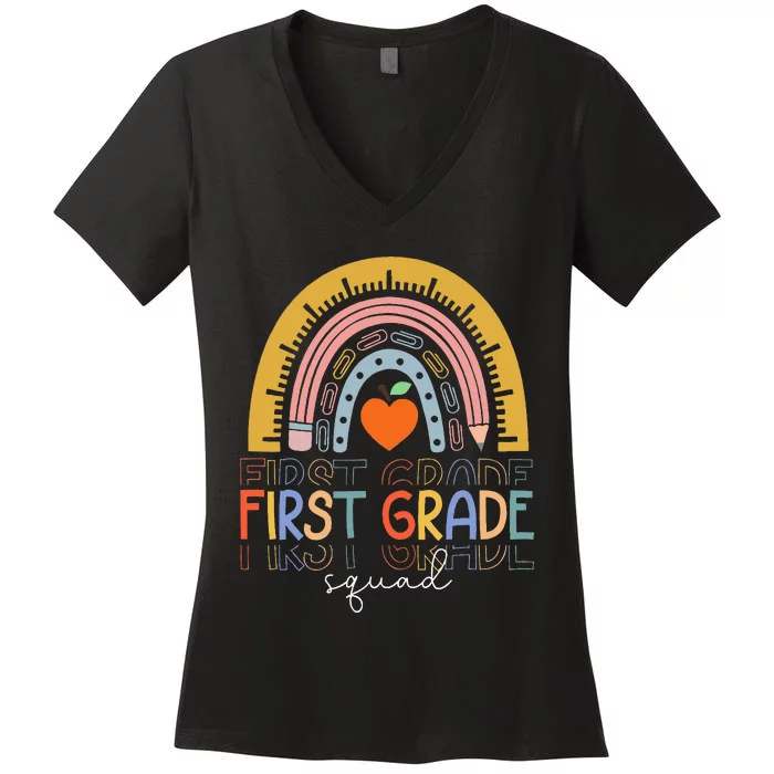 Back To School Rainbow First Grade Squad Teachers Student Women's V-Neck T-Shirt