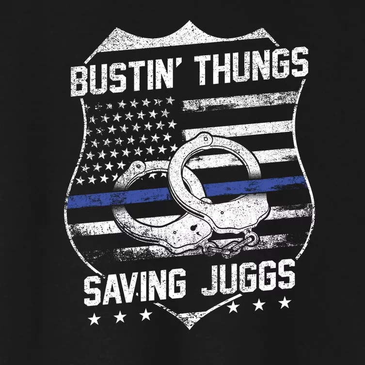 Bustin Thungs Saving Juggs Thin Blue Line Back The Blue Police Women's Crop Top Tee