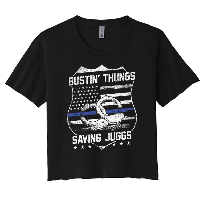 Bustin Thungs Saving Juggs Thin Blue Line Back The Blue Police Women's Crop Top Tee