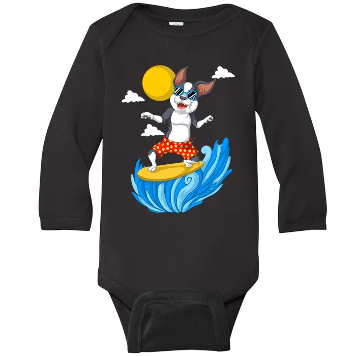 Boston Terrier Surfing Baby Long Sleeve Bodysuit