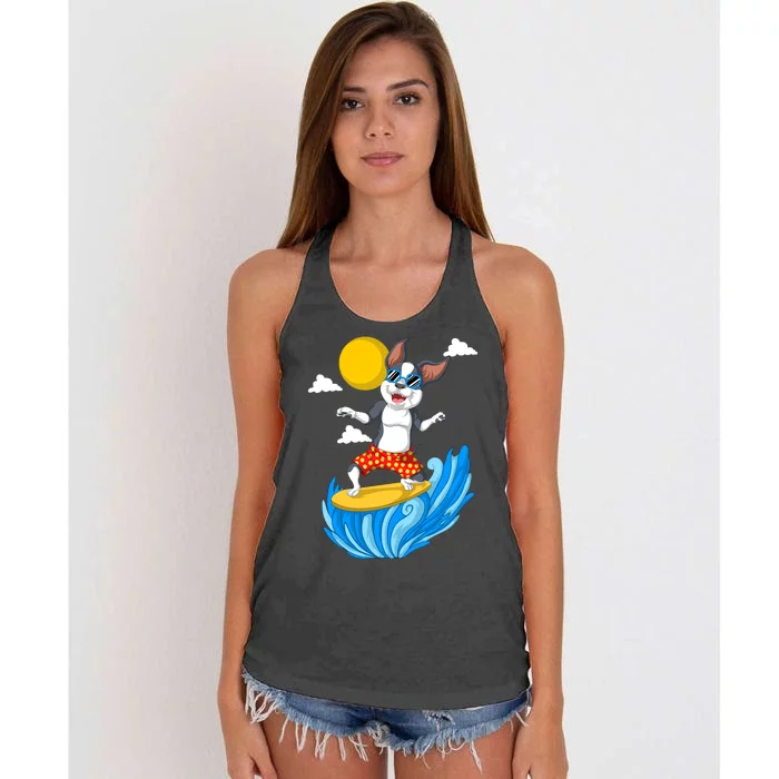 Boston Terrier Surfing Women's Knotted Racerback Tank