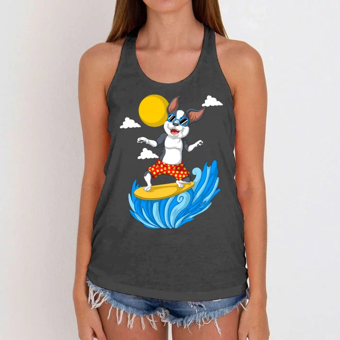 Boston Terrier Surfing Women's Knotted Racerback Tank